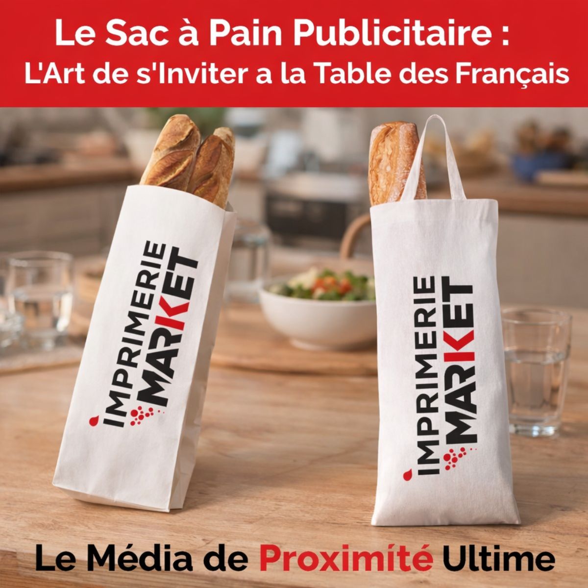 Mise en situation de sacs à pain publicitaires personnalisés Imprimerie Market sur une table de petit-déjeuner et sac en coton bio.