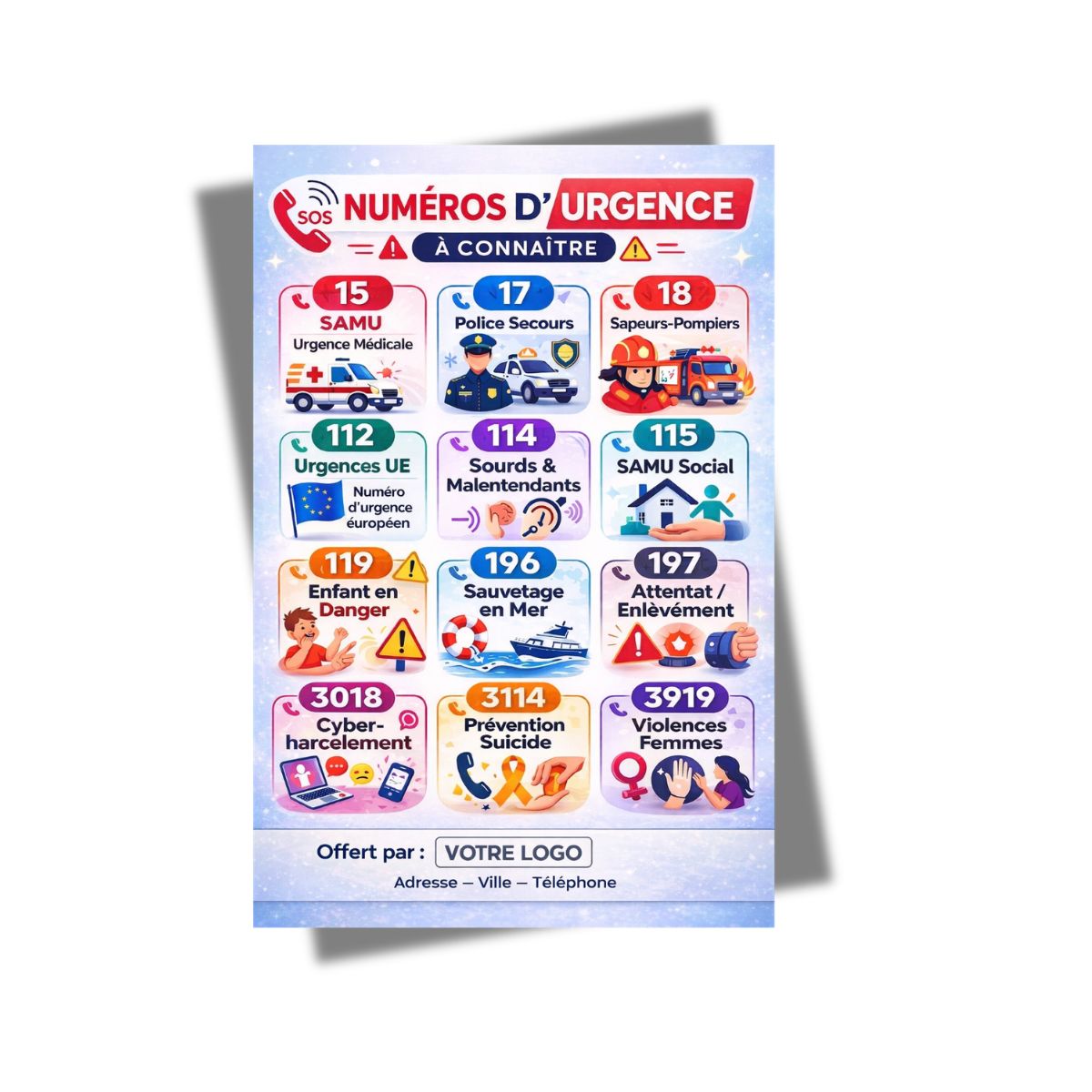 Offrez un support utile avec le magnet numéros d'urgence personnalisable (A6). Idéal pour mairies, assurances et santé. Votre logo visible 24h/24 !