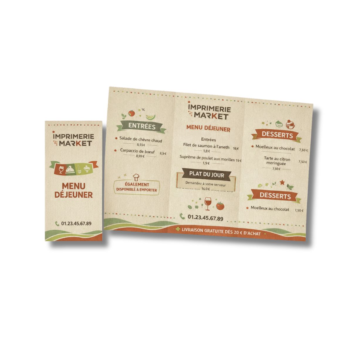 Menu de Restaurant Papier Kraft 3 Volets (2 Plis Roulés) 10 X 21 cm