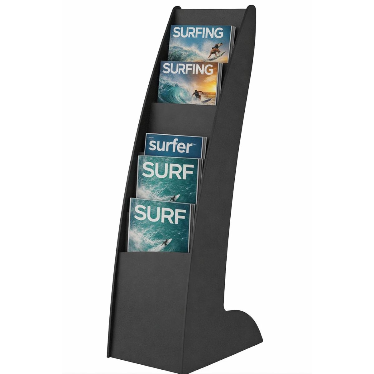 Le présentoir est un monobloc avec une structure en polyester durable, garantissant robustesse et stabilité. Sa finition noire élégante s'intègre parfaitement dans tout type d'environnement,