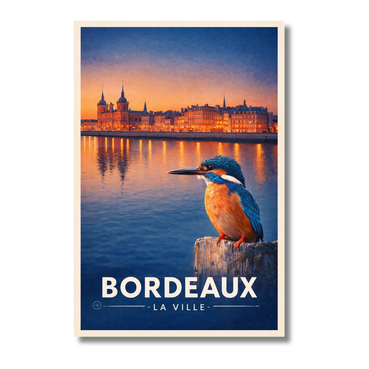 Découvrez l'affiche de Bordeaux et son martin-pêcheur. Une illustration poétique sur papier 250g. Livraison rapide. L'âme de la Gironde dans votre déco.